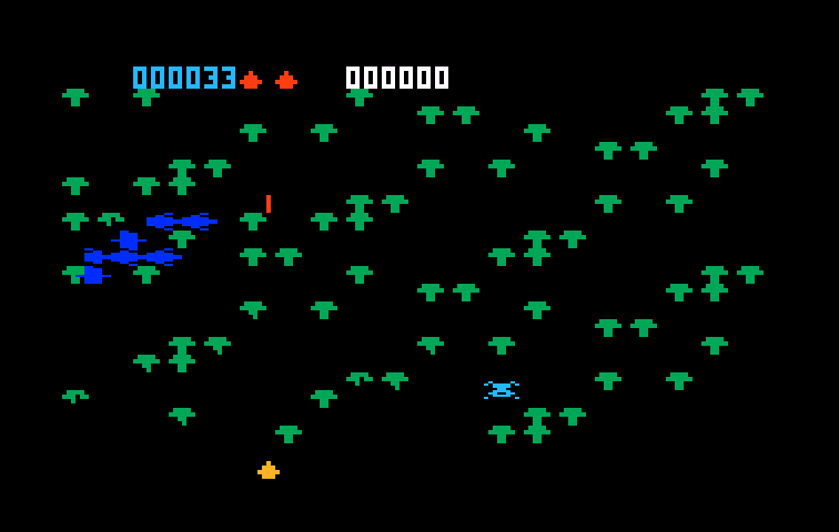 Centipede Intellivision Screenshot: Either shoot or avoid the spider...