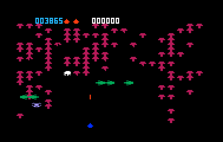 Centipede Intellivision Screenshot: The fleas appear and regenerate mushrooms.