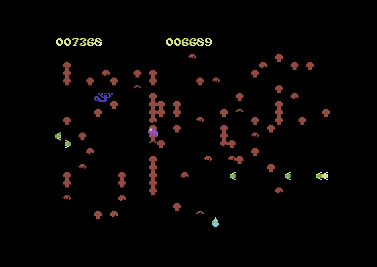 Centipede Commodore 64 Screenshot: The scorpion will poison any mushrooms it touches...