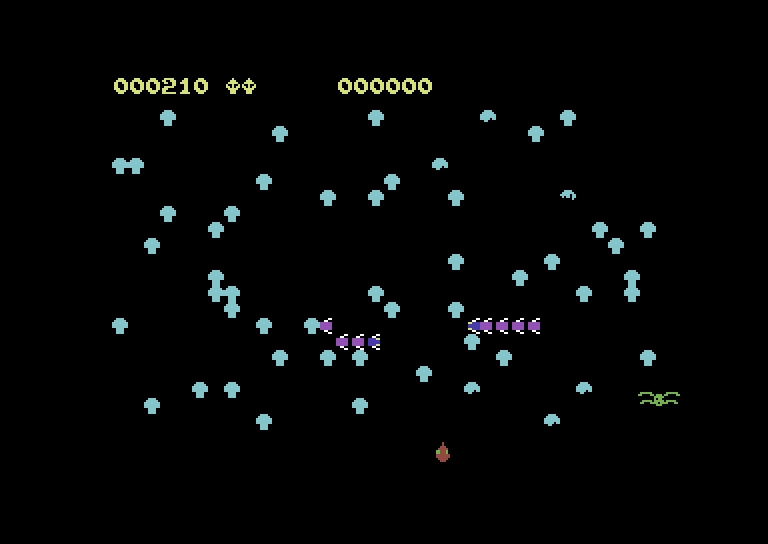 Centipede Commodore 64 Screenshot: Game start; here comes the centipede!