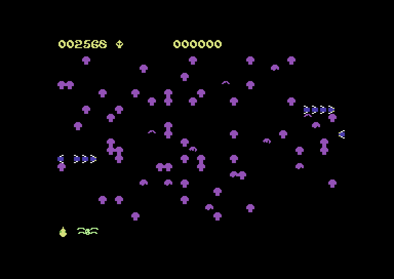Centipede Commodore 64 Screenshot: Careful, don't crash into the spider.