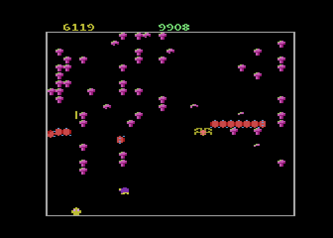 Centipede Atari 7800 Screenshot: Fleas leave additional mushrooms if the field becomes too empty...