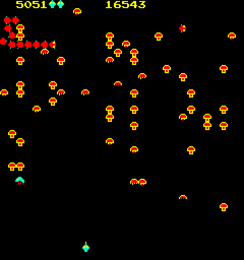 Centipede Arcade Screenshot: Fleas appear when there aren't many mushrooms left.