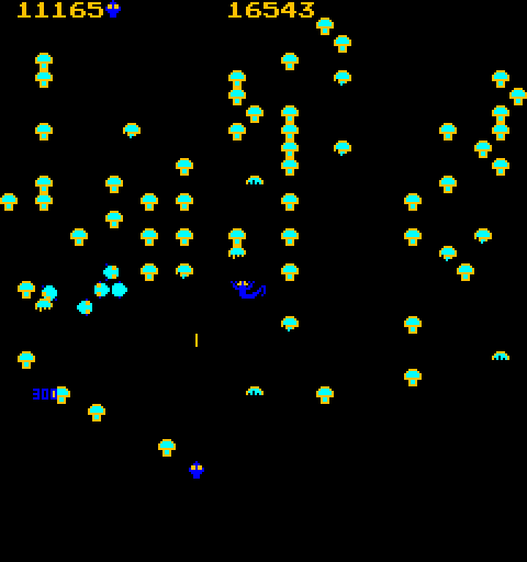 Centipede Arcade Screenshot: When a centipede touches a poisoned mushroom it heads straight to the bottom of the screen.