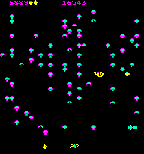 Centipede Arcade Screenshot: The scorpion appears and poisons some mushrooms...