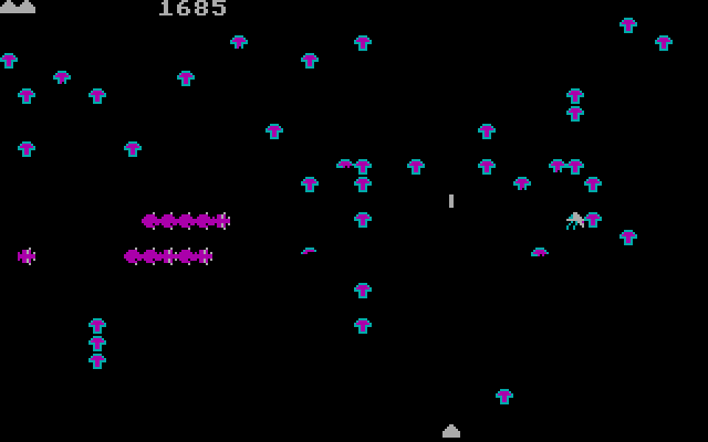 Centipede IBM PC/Compatibles Screenshot: The fleas add more mushrooms to the board.