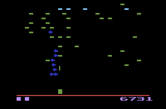 Centipede Atari 2600 Screenshot: The centipede heads straight towards the bottom of the screen after hitting a poison mushroom...