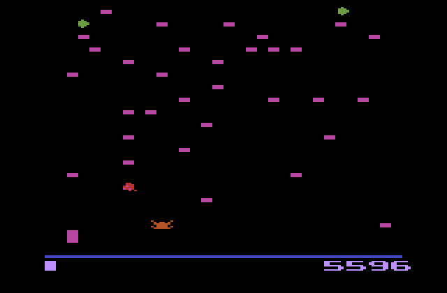 Centipede Atari 2600 Screenshot: Fleas drop and create new mushrooms when there aren't many left...