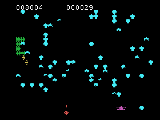 Centipede TI-99/4A Screenshot: Each level features a different color theme.