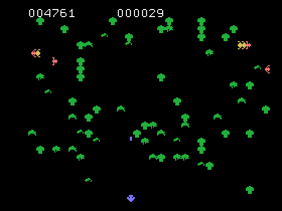 Centipede TI-99/4A Screenshot: Only a few centipede segments left.