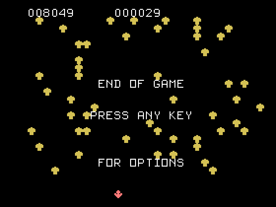 Centipede TI-99/4A Screenshot: Game over.