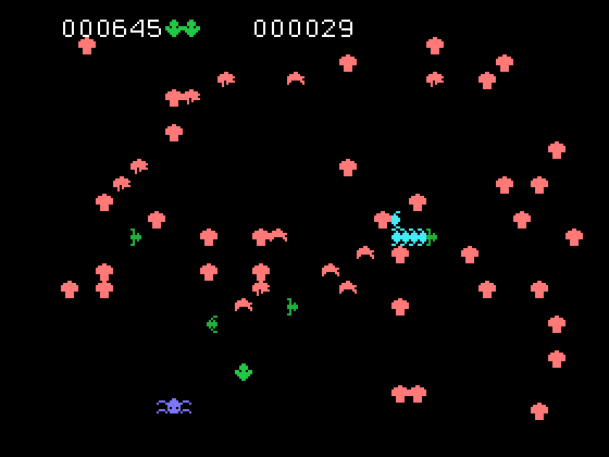 Centipede TI-99/4A Screenshot: Watch out for the spider!