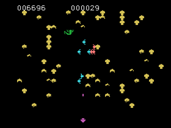 Centipede TI-99/4A Screenshot: The scorpion poisons some mushrooms.