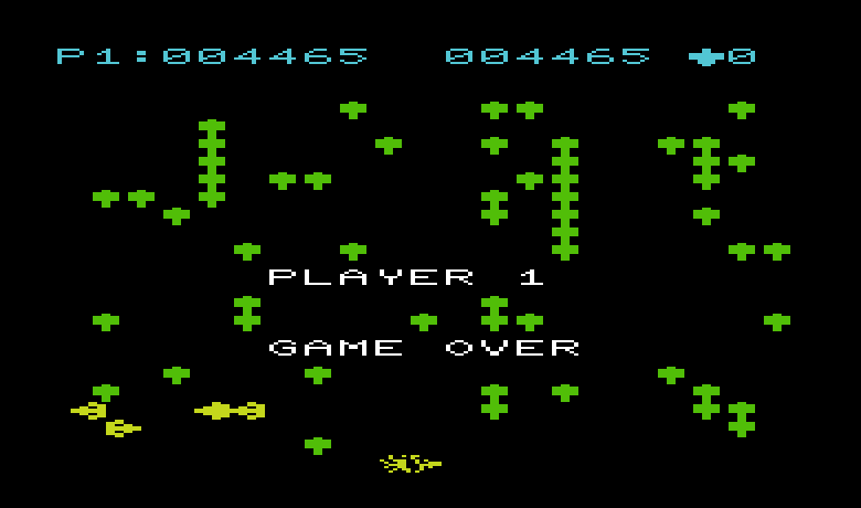 Centipede Commodore VIC-20 Screenshot: Game over.