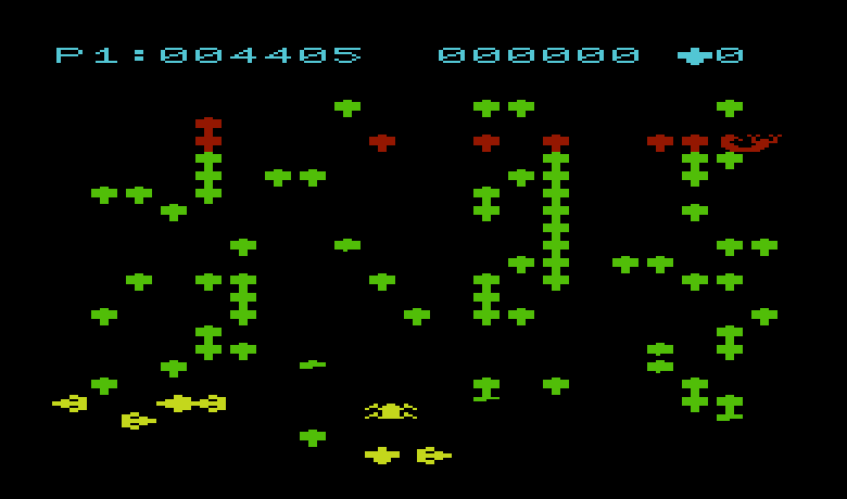 Centipede Commodore VIC-20 Screenshot: The scorpion poisons some mushrooms.