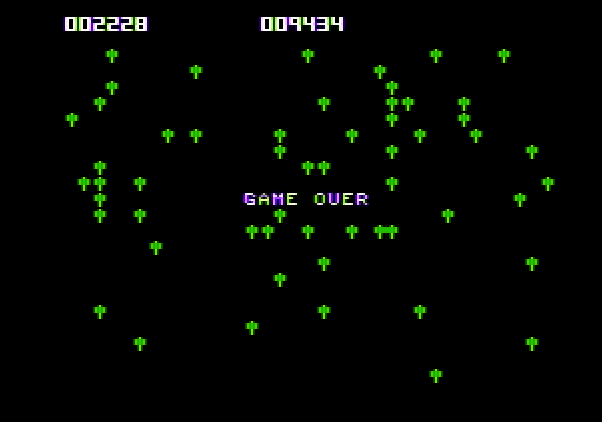 Centipede Apple II Screenshot: Game over.