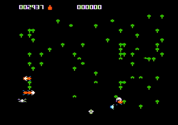 Centipede Apple II Screenshot: The centipede nears the bottom of the screen, be careful.