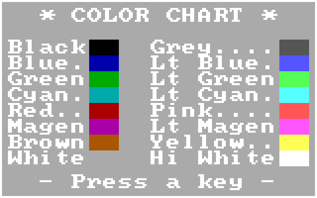 Bricks IBM PC/Compatibles Screenshot: The game includes a color chart.