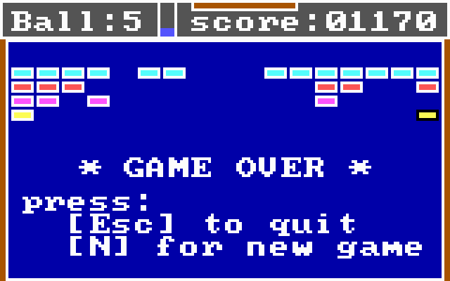 Bricks IBM PC/Compatibles Screenshot: Game over.