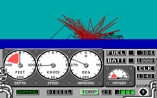 GATO IBM PC/Compatibles Screenshot: Launching a torpedo, and it's a direct hit!