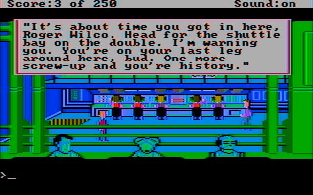 Space Quest II: Chapter II - Vohaul's Revenge IBM PC/Compatibles Screenshot: It's about time you got here Roger!