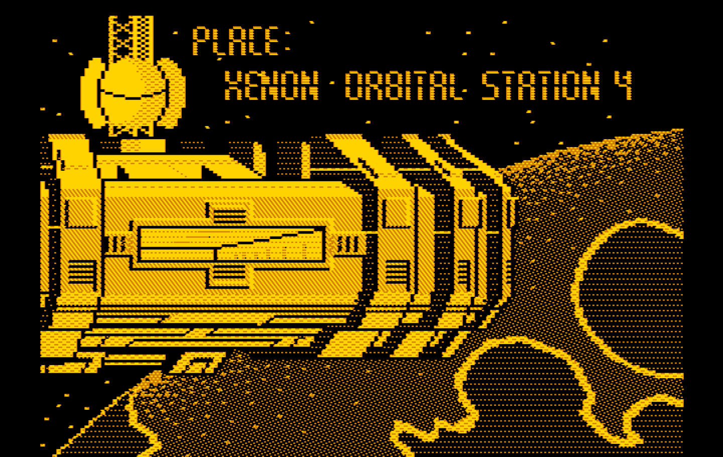 Space Quest II: Chapter II - Vohaul's Revenge IBM PC/Compatibles Screenshot: Arriving at Xenon Orbital Station 4...