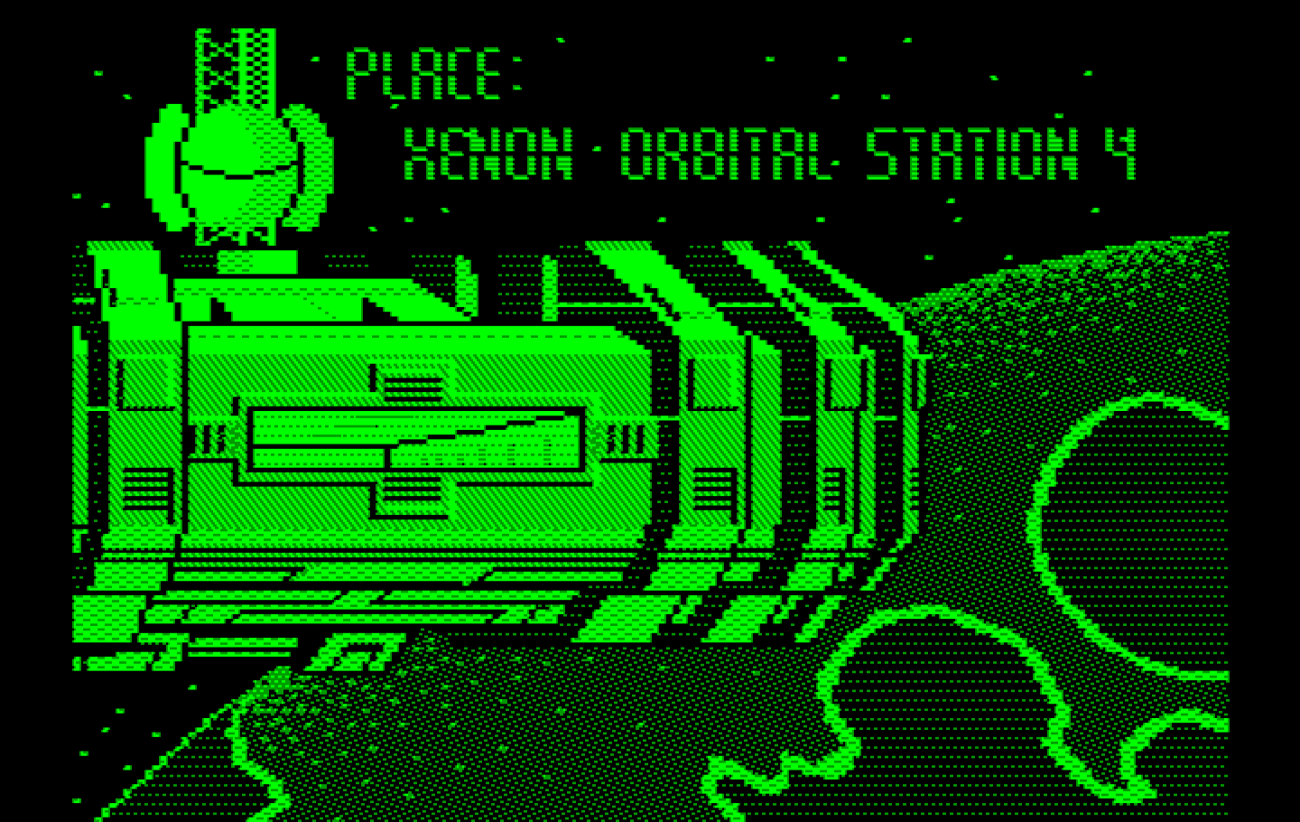Space Quest II: Chapter II - Vohaul's Revenge IBM PC/Compatibles Screenshot: Arriving at Xenon Orbital Station 4...