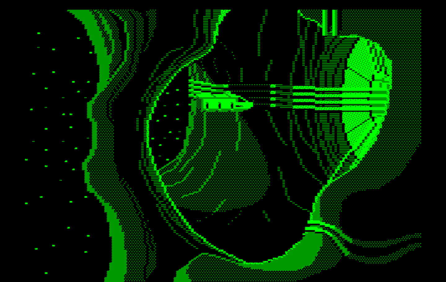 Space Quest II: Chapter II - Vohaul's Revenge IBM PC/Compatibles Screenshot: Piloting a ship into Vohaul's asteroid...