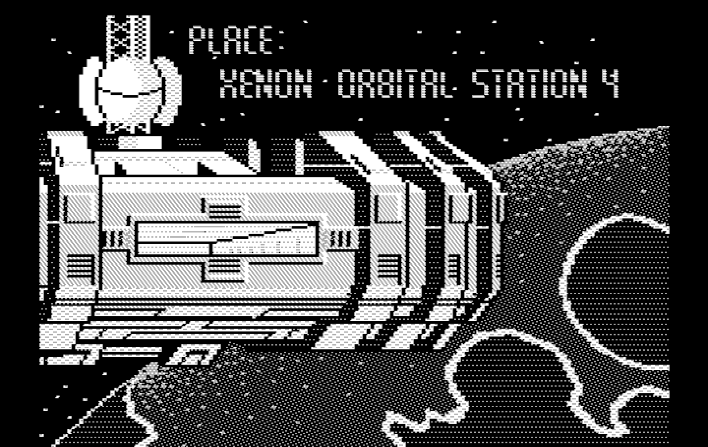 Space Quest II: Chapter II - Vohaul's Revenge IBM PC/Compatibles Screenshot: Arriving at Xenon Orbital Station 4...