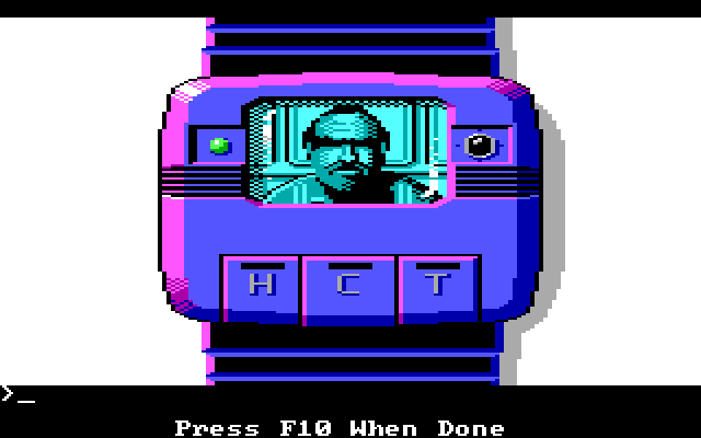 Space Quest II: Chapter II - Vohaul's Revenge IBM PC/Compatibles Screenshot: Roger's boss appears on his wristwatch...could be trouble.