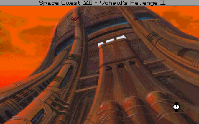 Space Quest IV: Roger Wilco and the Time Rippers IBM PC/Compatibles Screenshot: Flying to the top of a tower...
