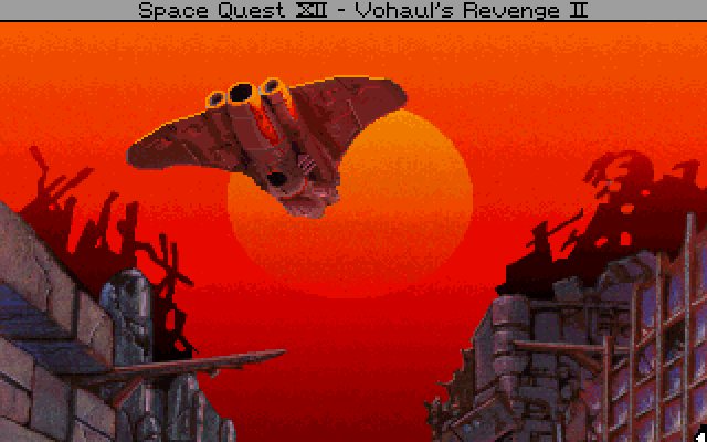 Space Quest IV: Roger Wilco and the Time Rippers IBM PC/Compatibles Screenshot: Game start; what is that mysterious spaceship?