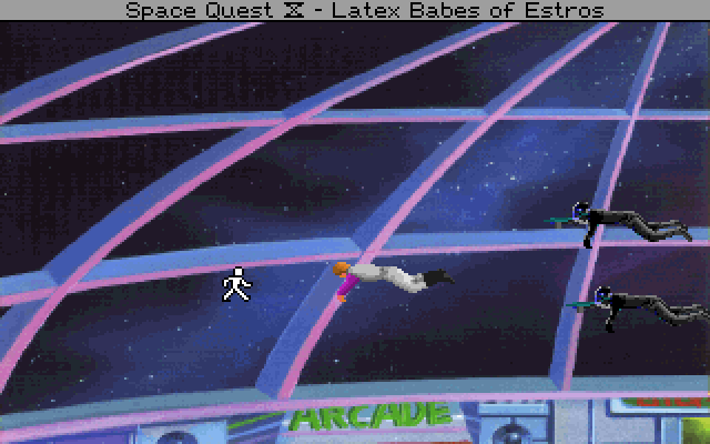 Space Quest IV: Roger Wilco and the Time Rippers IBM PC/Compatibles Screenshot: Roger is being chased! Don't get shot...