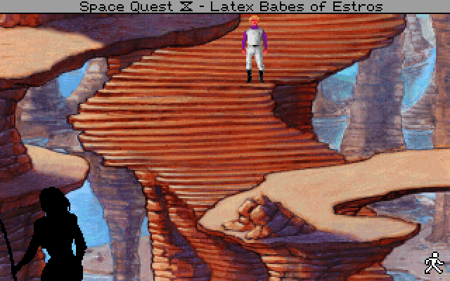 Space Quest IV: Roger Wilco and the Time Rippers IBM PC/Compatibles Screenshot: Who is that mysterious shadow? Am I being watched?