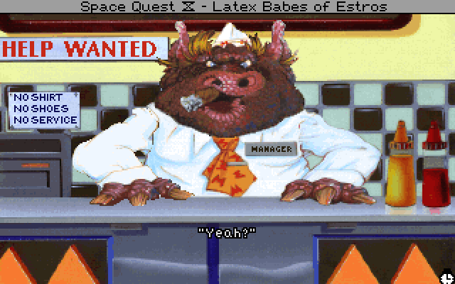 Space Quest IV: Roger Wilco and the Time Rippers IBM PC/Compatibles Screenshot: Monolith Burger employees aren't very friendly.