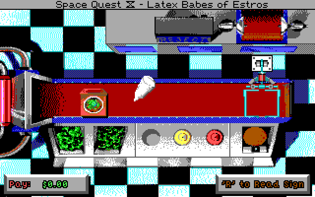 Space Quest IV: Roger Wilco and the Time Rippers IBM PC/Compatibles Screenshot: Making burgers...a mini game.