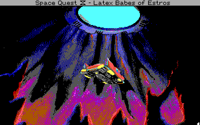 Space Quest IV: Roger Wilco and the Time Rippers IBM PC/Compatibles Screenshot: Flying out of the underground fortress...