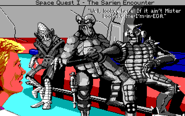 Space Quest IV: Roger Wilco and the Time Rippers IBM PC/Compatibles Screenshot: These monochrome bikers don't approve of Roger being in color.