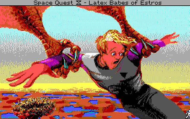 Space Quest IV: Roger Wilco and the Time Rippers IBM PC/Compatibles Screenshot: Roger gets carried away by a giant bird...
