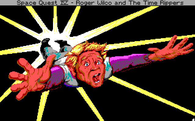 Space Quest IV: Roger Wilco and the Time Rippers IBM PC/Compatibles Screenshot: Roger jumps into a shimmering hole, and this happens...