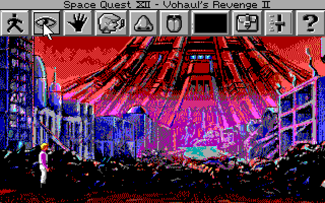 Space Quest IV: Roger Wilco and the Time Rippers IBM PC/Compatibles Screenshot: Move the mouse to the top of the screen to select an icon.