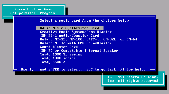 Space Quest IV: Roger Wilco and the Time Rippers IBM PC/Compatibles Screenshot: Selecting a sound card (VGA)