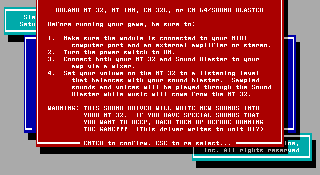Space Quest IV: Roger Wilco and the Time Rippers IBM PC/Compatibles Screenshot: The game will write new sounds to a Roland MT-32 (EGA)