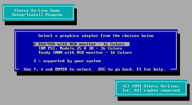 Space Quest IV: Roger Wilco and the Time Rippers IBM PC/Compatibles Screenshot: Selecting a video mode in the 16 color version (EGA)