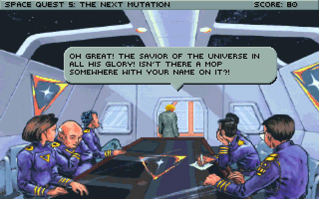 Space Quest V: The Next Mutation IBM PC/Compatibles Screenshot: Roger gets caught listening in on a conversation.