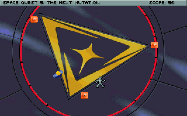 Space Quest V: The Next Mutation IBM PC/Compatibles Screenshot: Roger has cleaning duty and needs to make sure this emblem is shiny.
