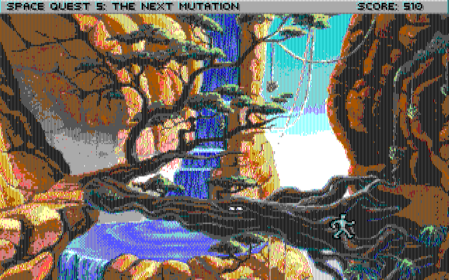 Space Quest V: The Next Mutation IBM PC/Compatibles Screenshot: Roger hides inside a log.