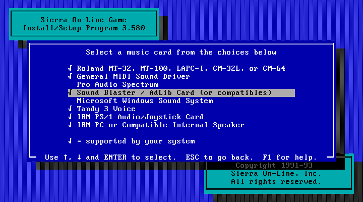 Space Quest V: The Next Mutation IBM PC/Compatibles Screenshot: Select sound hardware for MIDI music.