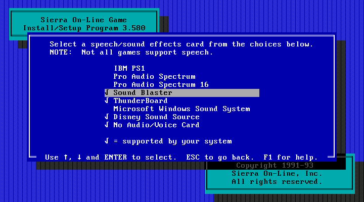Space Quest V: The Next Mutation IBM PC/Compatibles Screenshot: Select sound hardware for digitized sound effects.