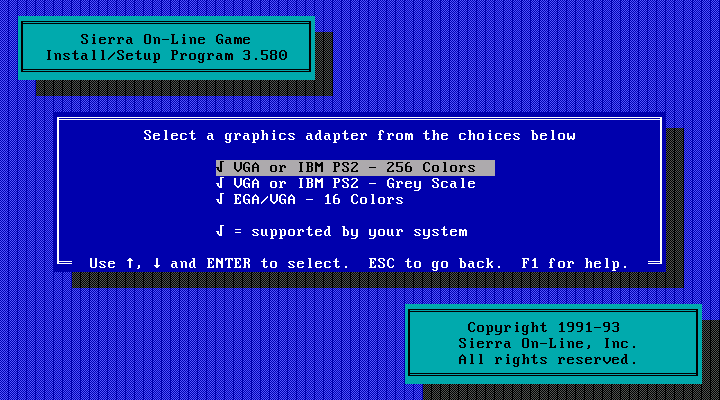 Space Quest V: The Next Mutation IBM PC/Compatibles Screenshot: Graphics card selection.